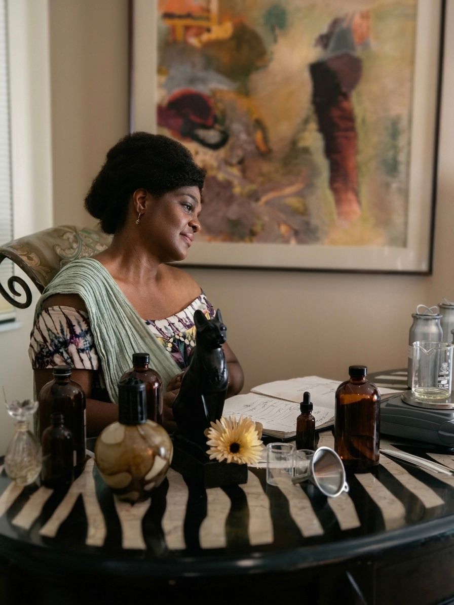 Damaris, the artisan maker, seated at her studio table with amber glass bottles, a black cat statue, and a botanical painting behind her